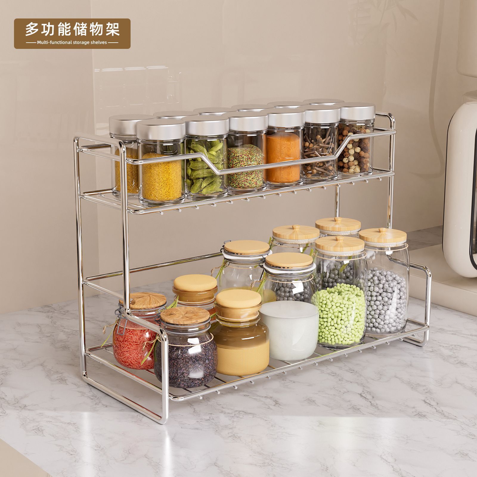 Stainless Steel Kitchen Rack Punch-Free Toilet Storage Rack Multi-Functional Bedroom Bathroom Desktop Storage Rack