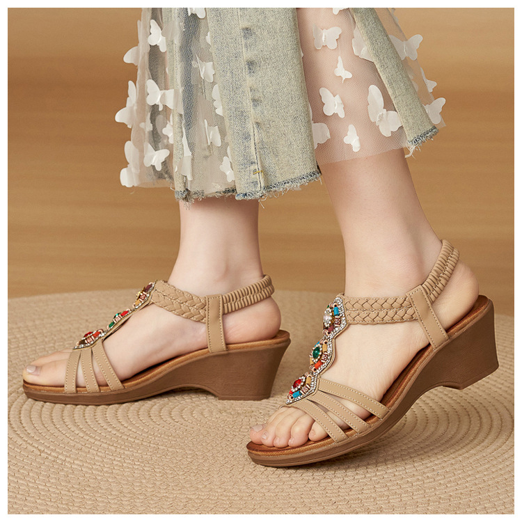 Sandal cao gót nữ đế xuồng đính đá pha lê hạt gỗ mùa hè 2025 — màu nâu, màu đen, mơ chi tiết 11