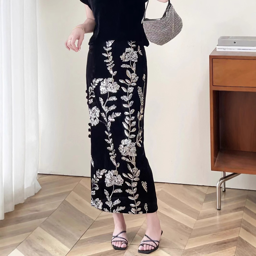 Black retro autumn silver velvet elegant long skirt