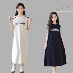 女童連衣裙2024夏新款清新寬鬆長裙連帽長款衛衣裙初中生衛衣裙