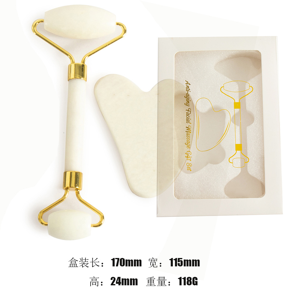 Juego de tres piezas de rodillo de jade natural y tabla de gua sha, dispositivo de belleza para masaje facial, lámina de gua sha facial, fabricante de rodillos de jade