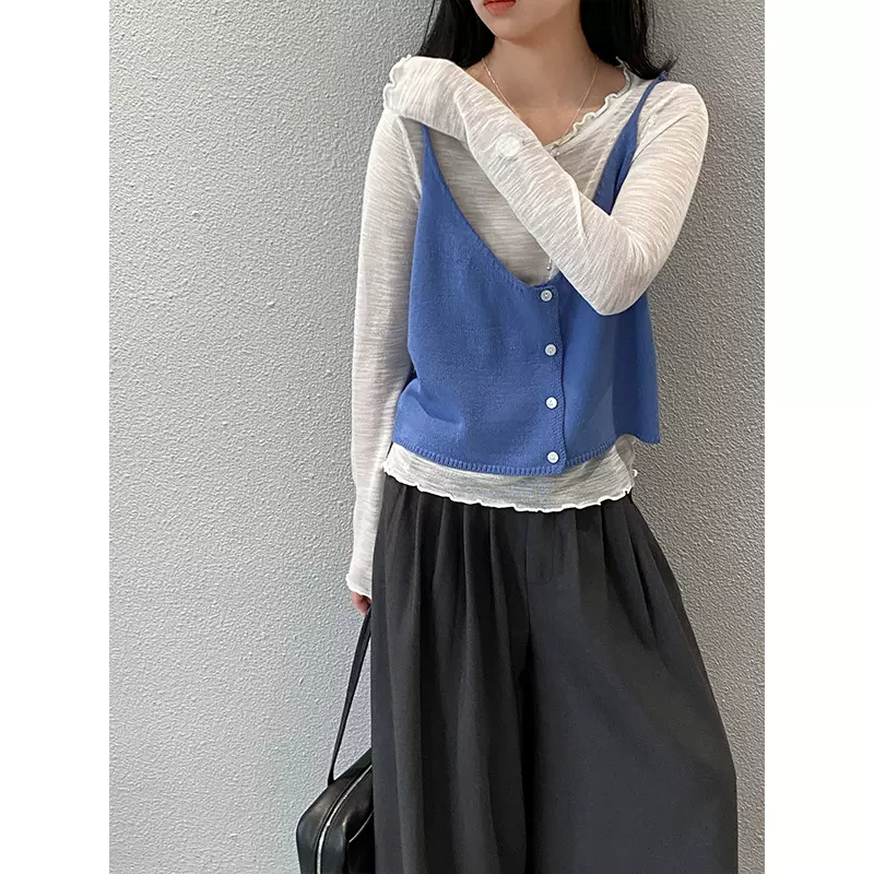 江左 韩系木耳边撞色真两件针织衫女2026春夏慵懒风显瘦上衣A1023