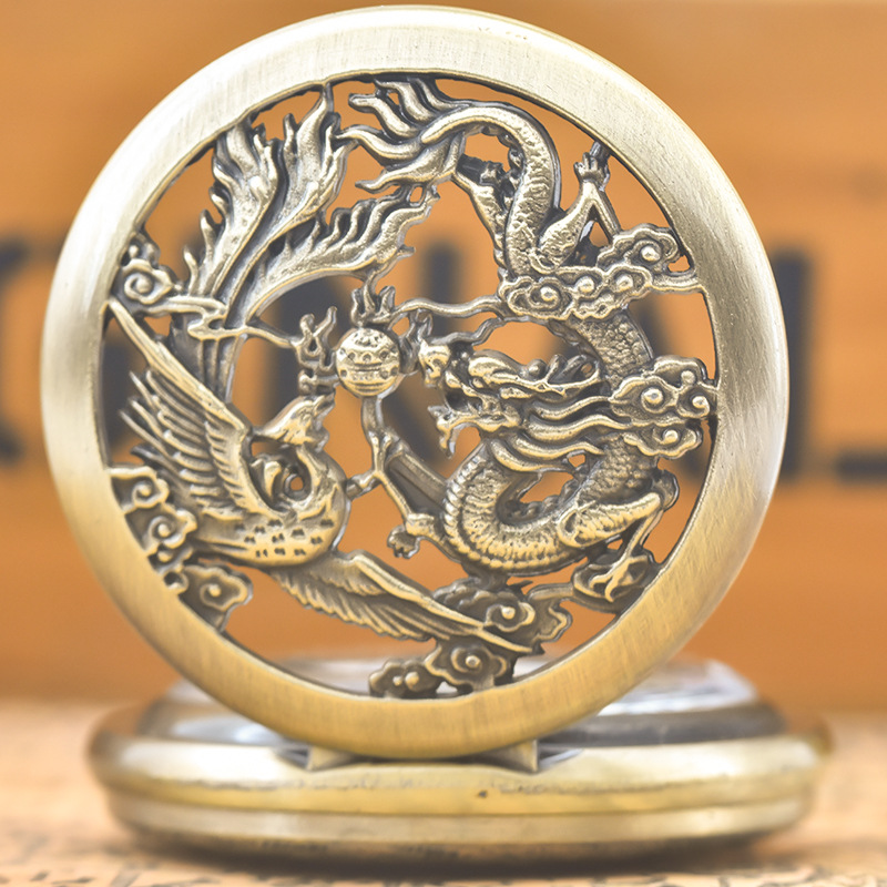 Dragon and Phoenix Chengxiang necklace watch trendy men and women bronze flip hollow neutral quartz pocket watch wholesale can add LOGO