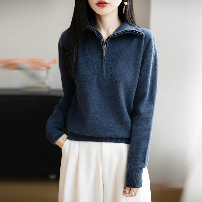 新款女式羊毛衫半高领拉链毛衣秋冬新款舒适保暖开衫宽松慵懒风