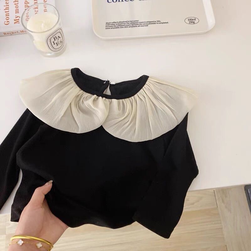 韓国風春秋女児服Tシャツベビーファッショナブルな大きなラペル子供用蓮の葉襟ファッショナブルなネットセレブインスタイルボトリングシャツ|undefined