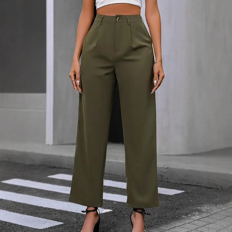 2024 comercio exterior transfronterizo europeo y americano nuevo elegante color sólido alto plumado pantalones de trajes de piernas anchas pantalones de mujer