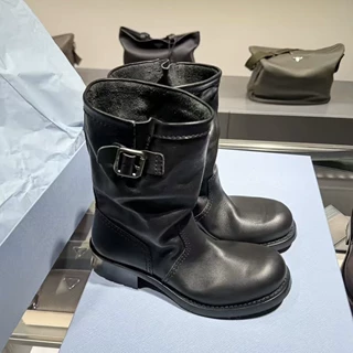 牛皮版复古粗跟手工褶皱堆堆靴女百搭厚底骑士靴皮带扣中筒机车靴