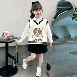 女童春秋季新款时尚卡通印花V针织衫中小学生洋气学院风套头马甲