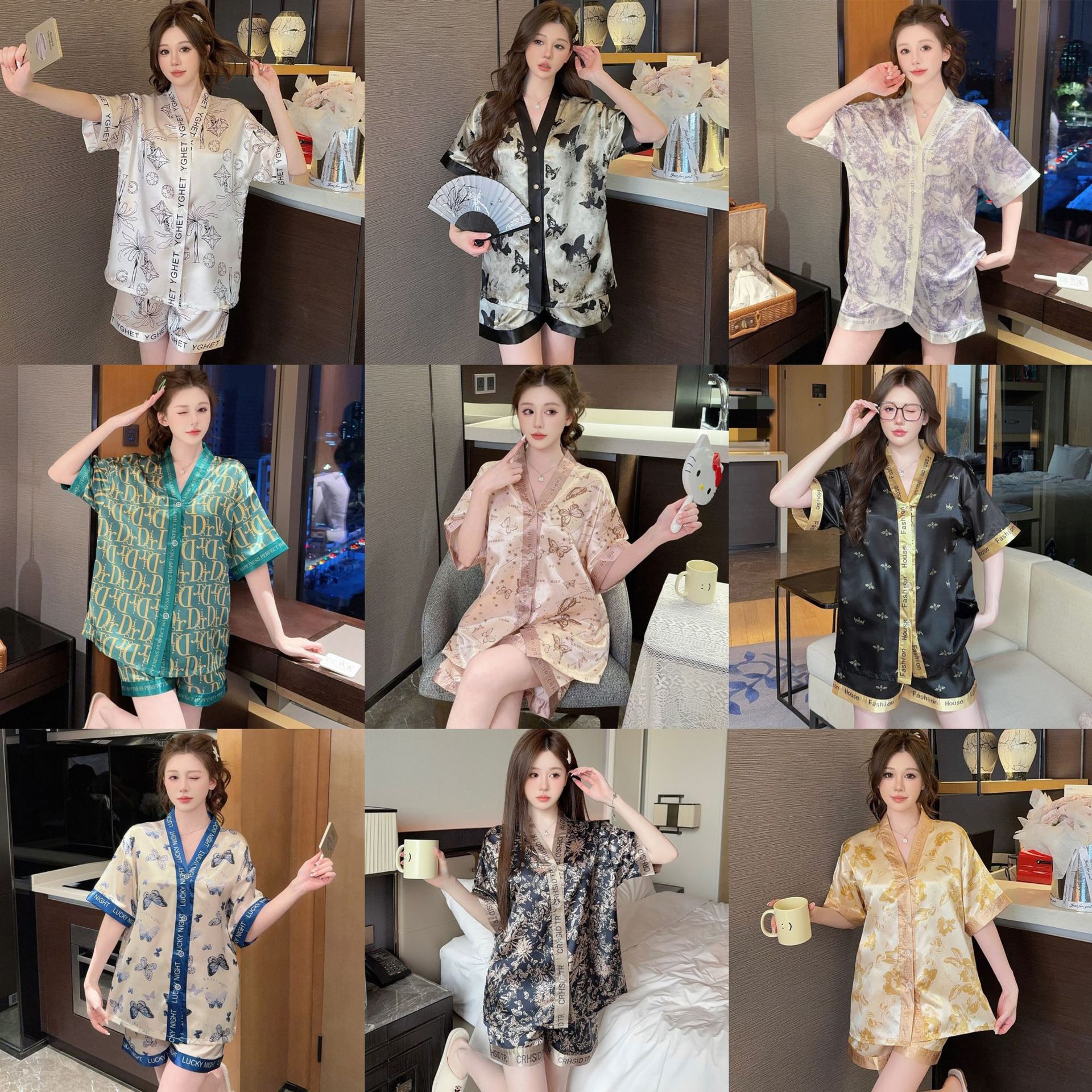 跨境货源 pajamas丝绸睡衣套装 女式冰丝短袖短裤家居服 厂家直销