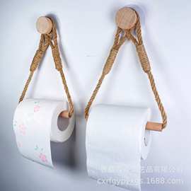 跨境木质纸巾架壁挂免打孔卷纸收纳架带麻绳厨房抹布毛巾架卷纸架