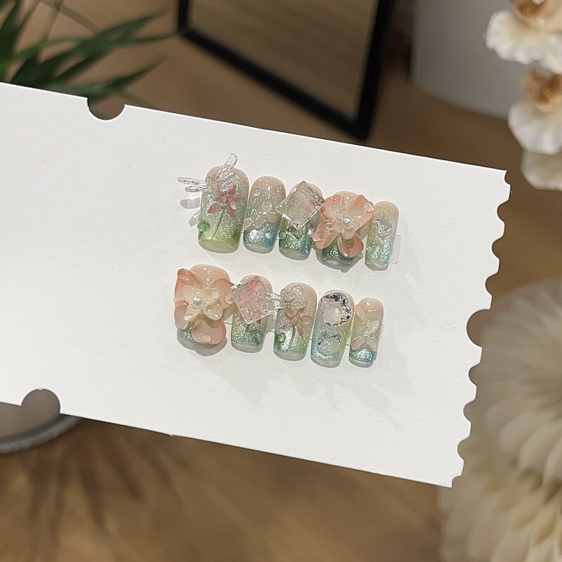 Taoxili【Misty Island Flower Realm】Spring Dragonfly Water-Drop Transparent Star Zircon Handmade Relief Gradient Carved Wearable Nails Taoxili【Misty Island Flower Realm】Spring Dragonfly Water-Drop Transparent Star Zircon Handmade Relief Gradient Carved Wearable Nails