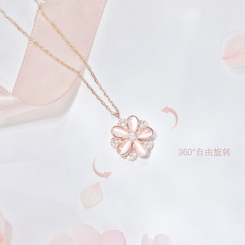 回転可能な桜ピンクペンダントネックレスガールズライト高級ニッチデザインハイエンド鎖骨チェーン誕生日ギフト|undefined