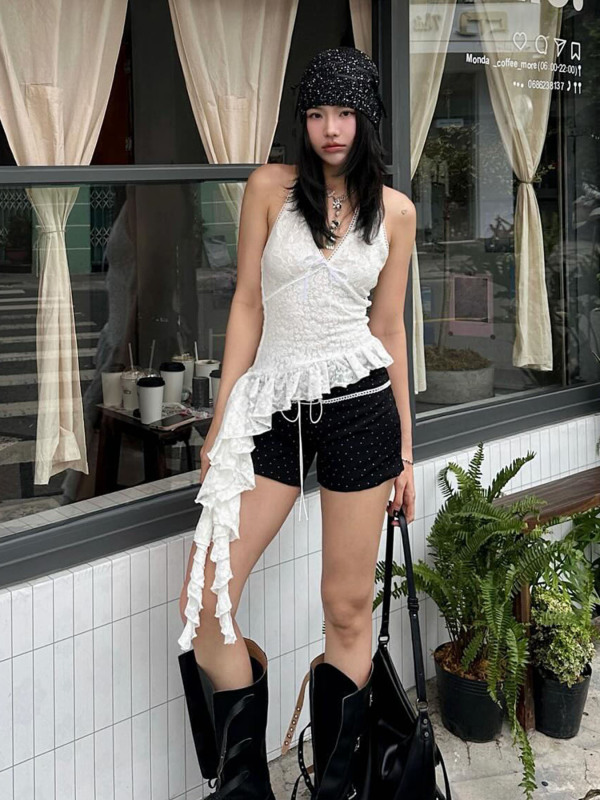 海边度假风蕾丝挂脖背心女外穿轻薄透飘带不规则辣妹上衣打底衫夏|undefined