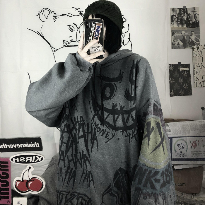 Suéter de graffiti transfronterizo europeo y americano engrosado con forro polar Otoño e Invierno Nueva pareja impresa suéter con capucha suelta image 7