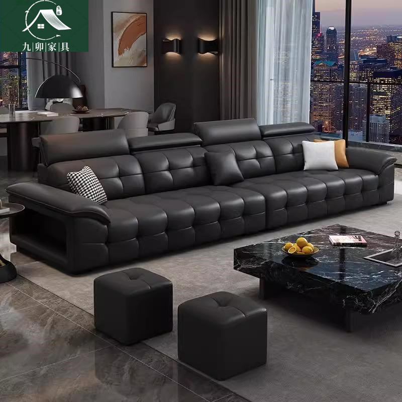 Lawrence Genuine Leather Sofa Italian Minimalist Living Room High-End Straight Row Adjustable Large Black Cow Head Layer Cowhide Sofa