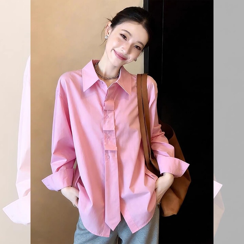 Pink Stylish Tie Loose Simple Shirt 2026 Spring Casual Versatile Unique Lazy Style Top for Women Pink Stylish Tie Loose Simple Shirt 2026 Spring Casual Versatile Unique Lazy Style Top for Women