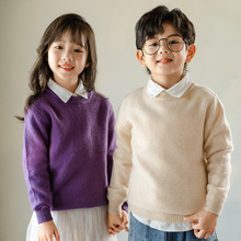 儿童加厚100%纯羊毛衫男女童圆领纯色简约套头中大童长袖简约毛衣
