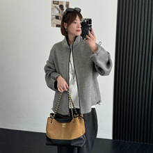 韩版高端撞色立领双面羊绒大衣女冬季宽松廓形休闲羊驼毛呢外套厚