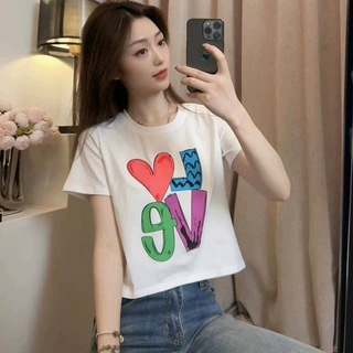 2024夏季新款LOVE字母短袖t恤女批发潮减龄洋气圆领宽松短款上衣