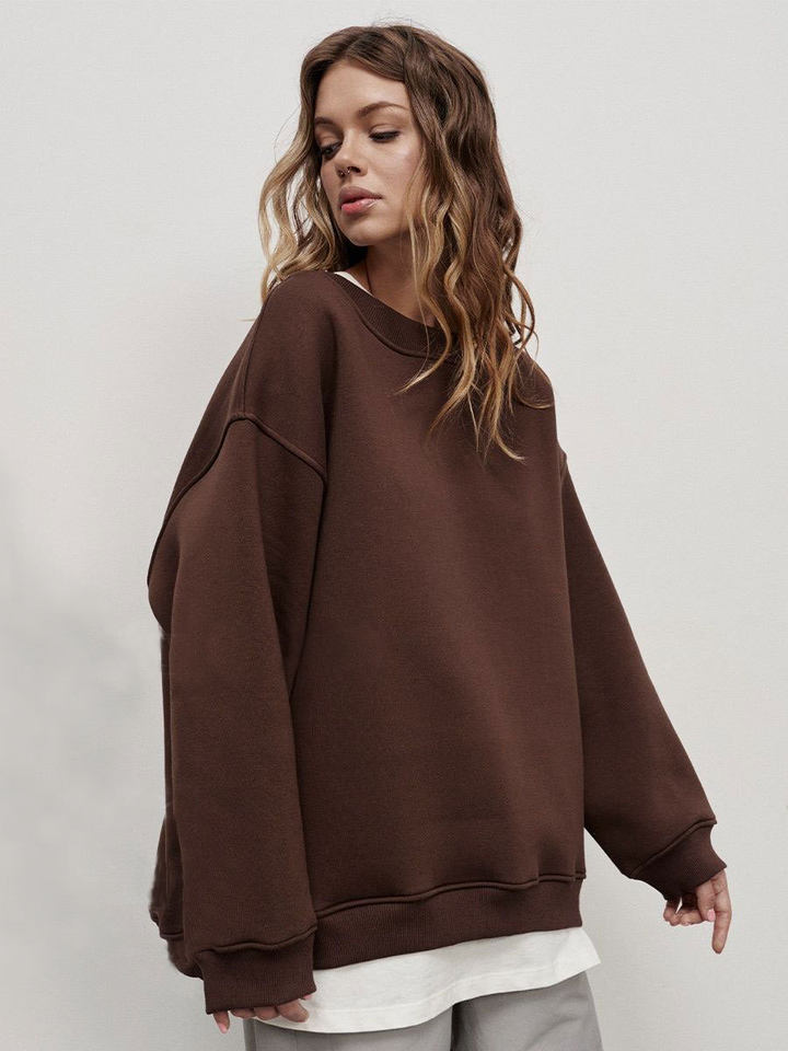 Áo sweatshirt nữ cổ tròn dáng rộng oversize tay dài chất liệu nỉ lông — Hoa màu xám, Màu cà phê, Màu trắng, Xanh navy chi tiết 22