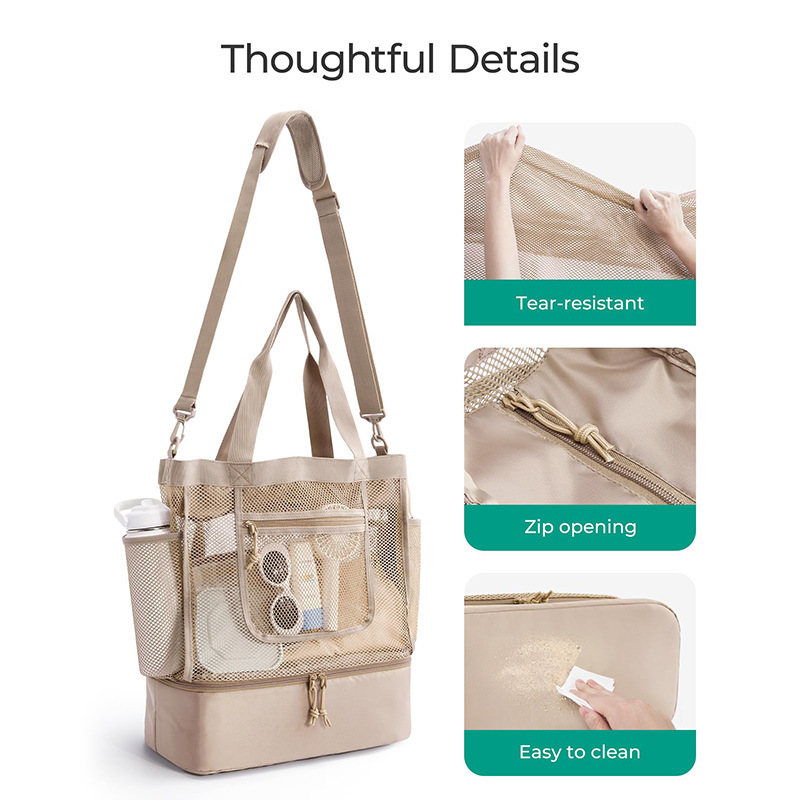 Amazon nuevo bolso de playa con cremallera bolso de playa a prueba de arena de varios bolsillos para mujer plegable y ligero