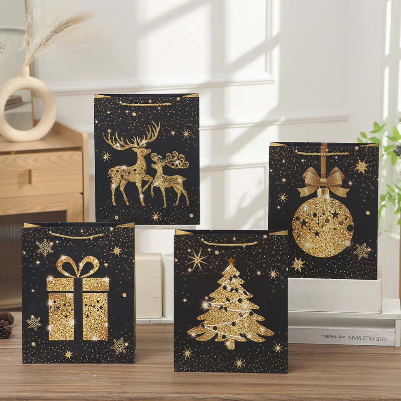 黒金のテーマのギフトバッグのクリスマスは縄の手提げ袋のクリスマスイブのサプライズのプレゼント袋の手提げ袋のショッピングバッグを着ます。|undefined