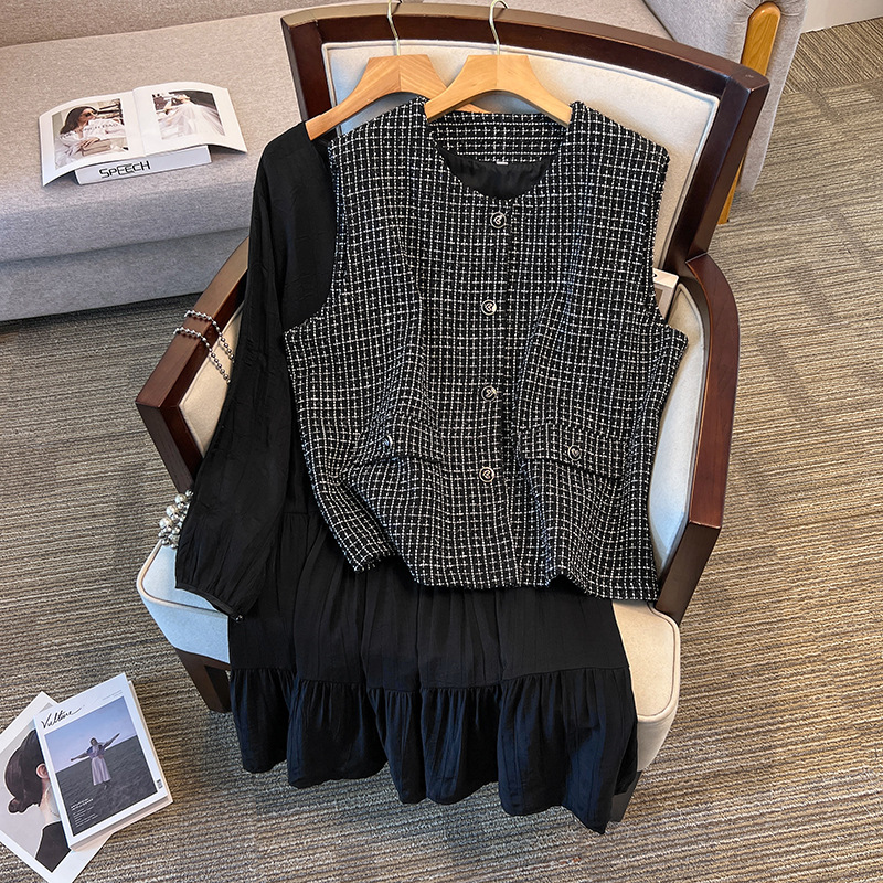 300 catties large size women's clothing fat mm plus fat plus size autumn new product fashionable small fragrance style loose vest dress 603