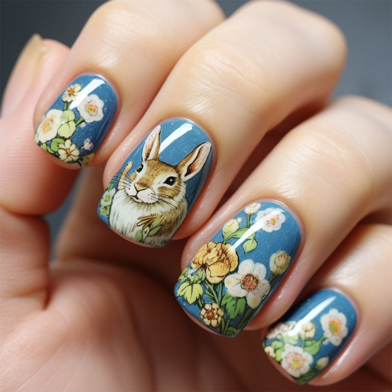 Spring Flowers Easter Cute Bunny Design Blue Short Square Finished Wearing Mails Mails Foreign Trade Nails