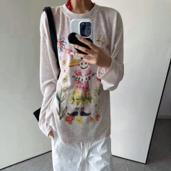 小丑花园水彩印花童趣长袖针织衫夏季男女同款透气防晒罩衫薄T恤