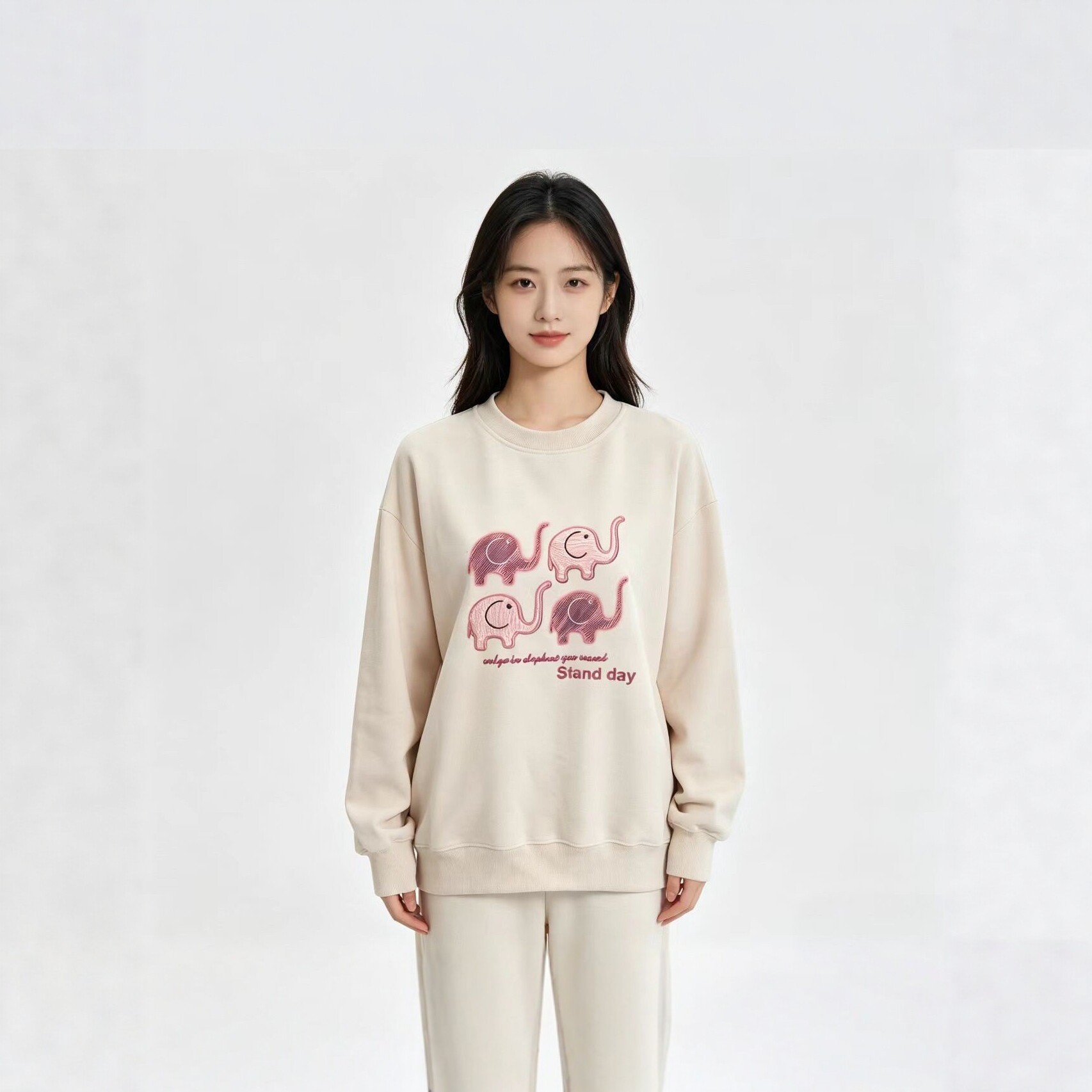 宽松圆领卫衣女春秋新款卡通大象刺绣纯棉休闲上衣外套 女装厂家批发实拍高清图