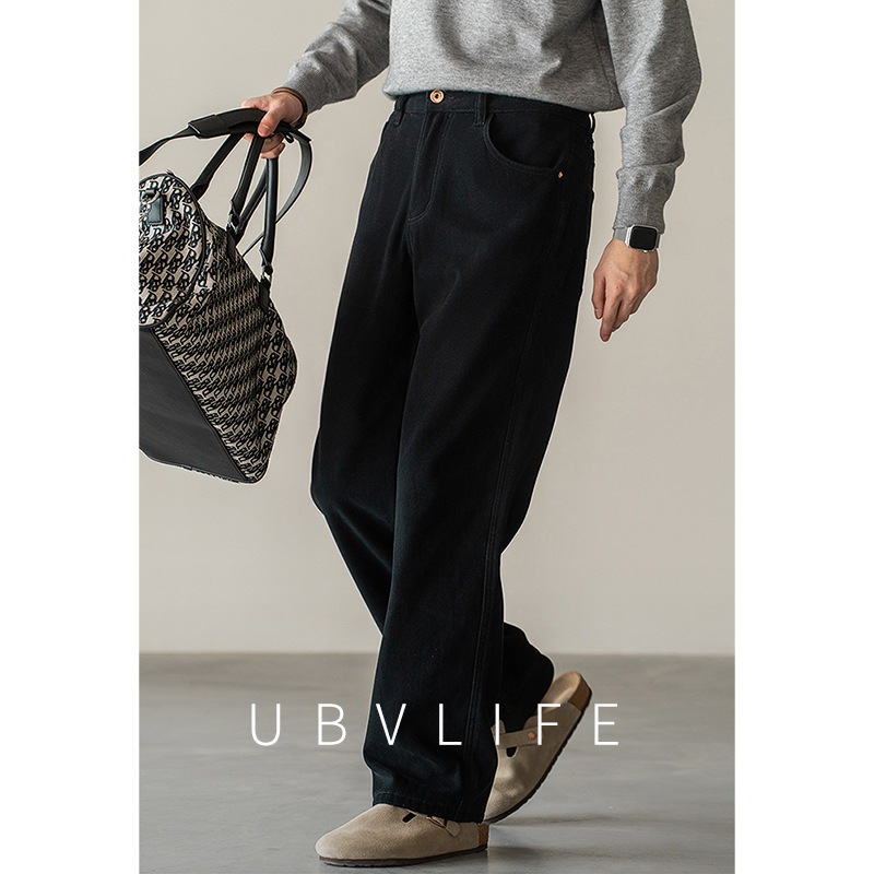 Old Money Style American-Style Fleece-Lined Loose Straight Leg Jeans for Men, 2026 Spring New Arrival, Thickened, Warm, Flowy Casual Pants
