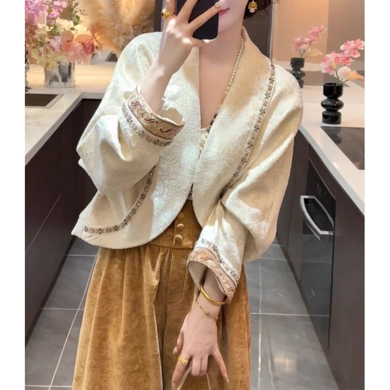 星辰2025秋新款中式设计款茧型提花刺绣外套+阔腿裤套装女两件套|undefined