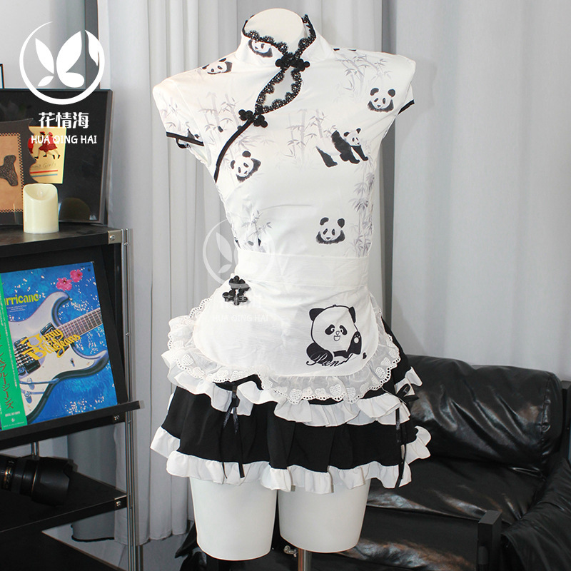 Flower Sea Cute Girl New Chinese Style Panda Print Puffy Cake Skirt Little Maid Apron Set A983 Flower Sea Cute Girl New Chinese Style Panda Print Puffy Cake Skirt Little Maid Apron Set A983