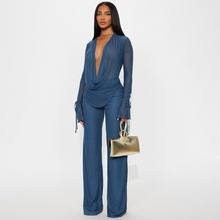 D9570亚马逊欧美热卖女装 性感网纱荡领绑带长袖上衣修身长裤套装