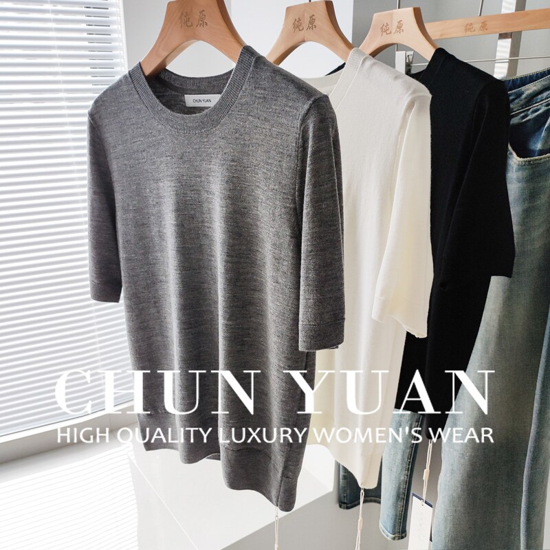 Shanghai Dan Nong Flagship Store/25 Crew Neck Knitted T-Shirt 30% Merino Wool Basic Versatile Short-Sleeve Top Shanghai Dan Nong Flagship Store/25 Crew Neck Knitted T-Shirt 30% Merino Wool Basic Versatile Short-Sleeve Top