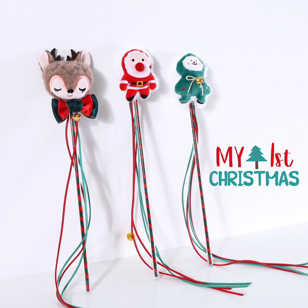 Mascota gato de peluche de dibujos animados árbol de Navidad viejo ciervos borla interactivo divertido gato palo sonido campana juguete entrenamiento varilla