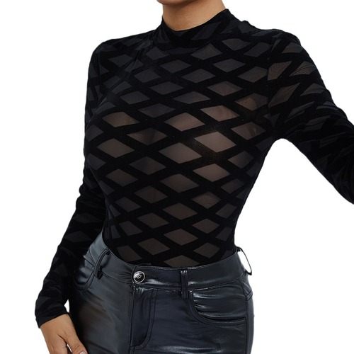 Foreign trade sexy nightclub style flocked mesh design see-through waist slimming long-sleeved round neck jumpsuit A1297