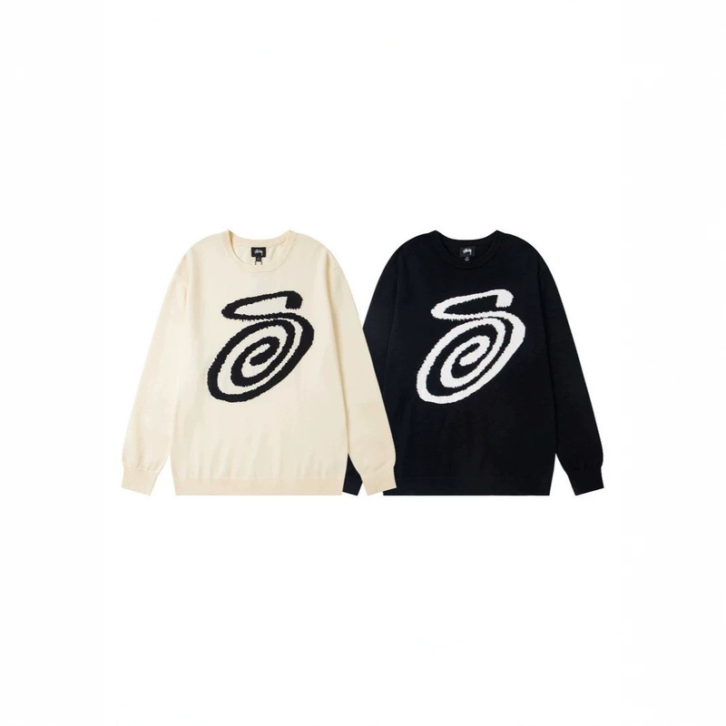 26s Cross-Border Stussy mosquito coil swirl pattern letter jacquard crew neck pullover long-sleeve sweater unisex 26s Cross-Border Stussy mosquito coil swirl pattern letter jacquard crew neck pullover long-sleeve sweater unisex