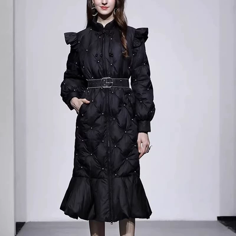 Зимняя Новая Элегантная новая куртка в китайском стиле с воротником-фонариком и рукавом из бусин, черная пуховая куртка средней длины для женщин