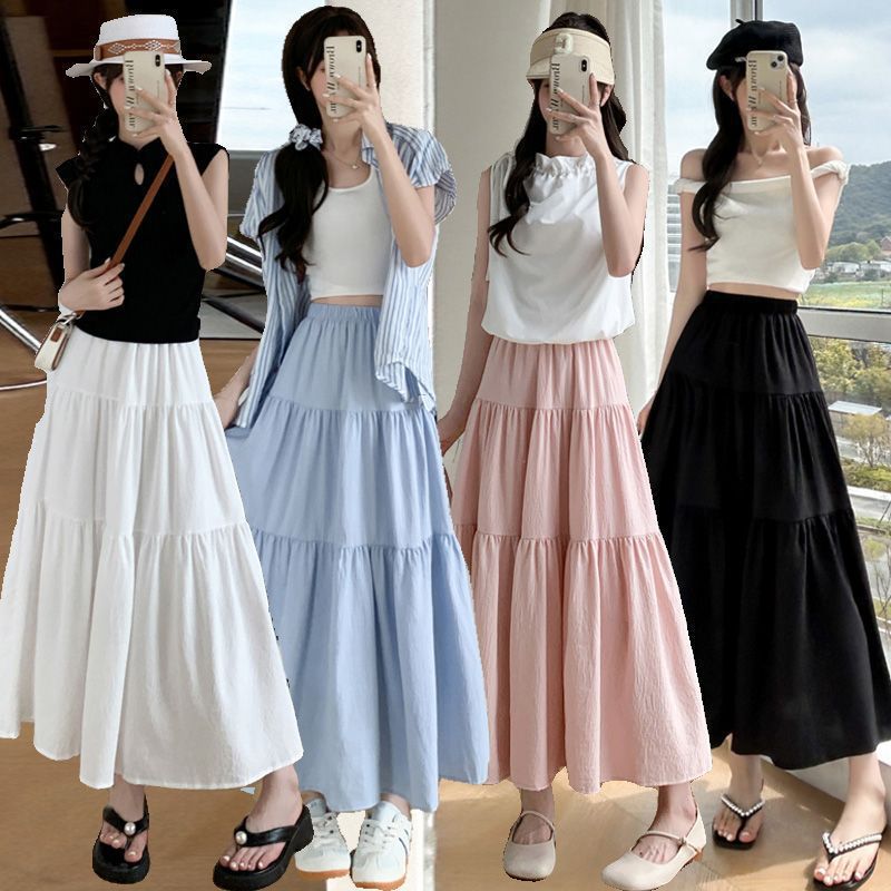 Gentle Style White A-Line Skirt for Women Spring and Summer 2025 New High-Waist Slimming Look Drapey Cake Skirt Long Skirt