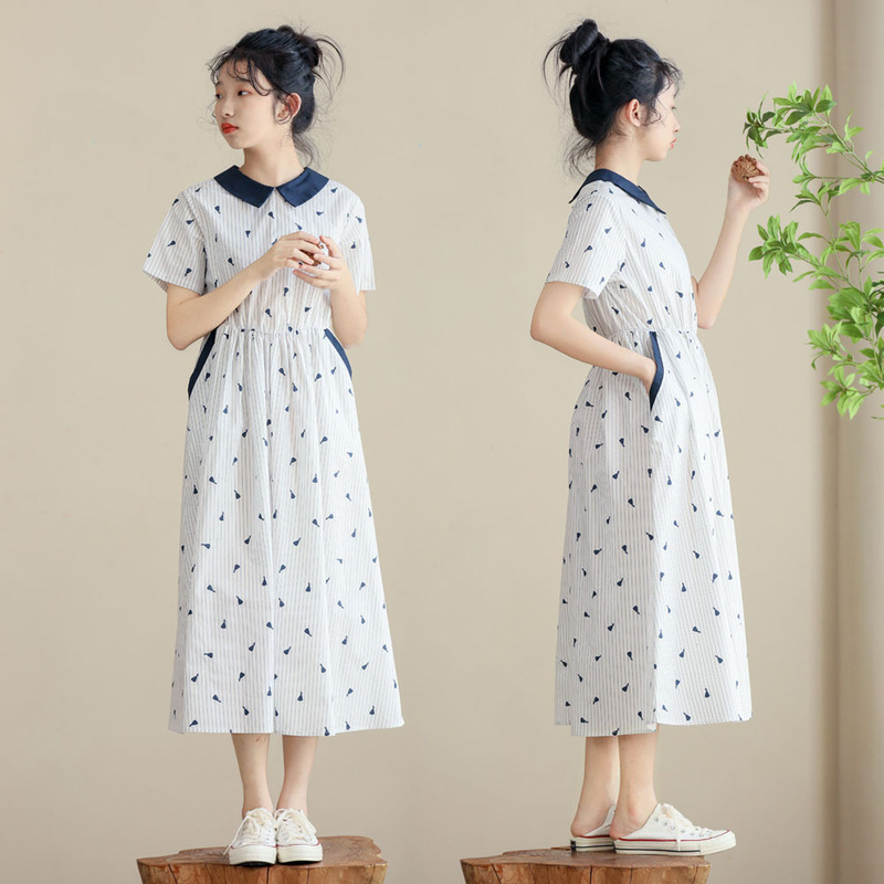 Junior High School Students' Fresh Waist Dress, Summer Sweet A-Line Mid-Length Skirt for Small People, Age-Reducing and Slimming Look Family Wear Junior High School Students' Fresh Waist Dress, Summer Sweet A-Line Mid-Length Skirt for Small People, Age-Reducing and Slimming Look Family Wear