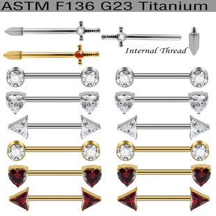 Cross-Border Titanium Alloy Round Heart-Shaped Triangular Zircon Internal Thread Straight Rod Nipple Ring Electroplated Red Zirconium Sword Titanium Piercing Nipple Nail