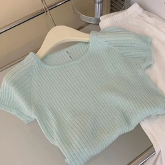 フランスの背中の透かし彫りのデザイン感ニットの氷の大きな丸い襟元の上着の女性の夏の小さい飛袖の半袖のtシャツ