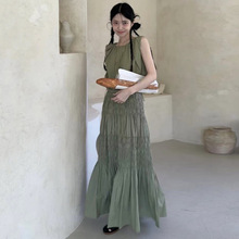 韩国INS博主款军绿帅气百搭无袖抽绳背心上衣+褶皱半身裙时尚套装