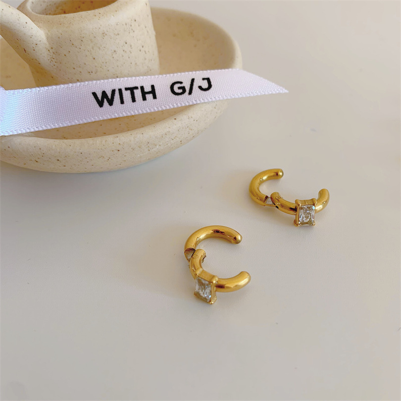 Plating Design Fashion Square Titanium Steel Plating Rhinestones Ear Clips 1 Pair