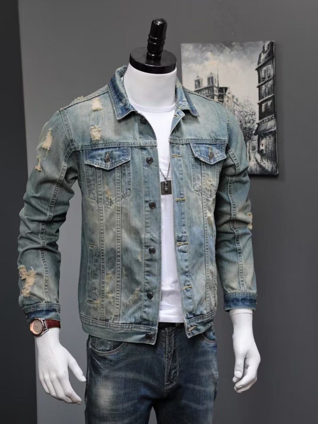 Veste en jean vieilli pour homme – Manteau décontracté vintage coupe ample avec col rabattu, bleu clair, mode printemps-automne_voghion.com