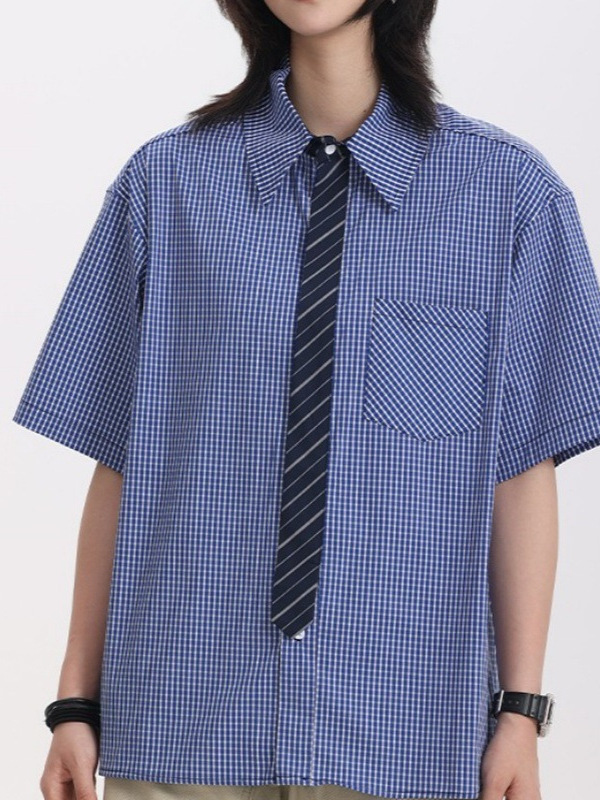2025 New Shirts for Men and Women, Short-Sleeved Summer Tie Shirts, Japanese Style Couple Preppy Style Plaid Lapel Tops, Trendy