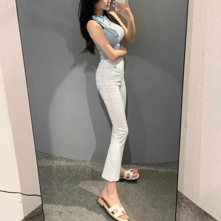 自带丰胯垫高腰修身白色微喇牛仔裤女显瘦气质百搭弹力九分微喇裤|undefined