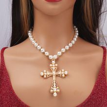 欧美跨境款热销珍珠项链个性甜酷暗黑风十字架吊坠锁骨链necklace