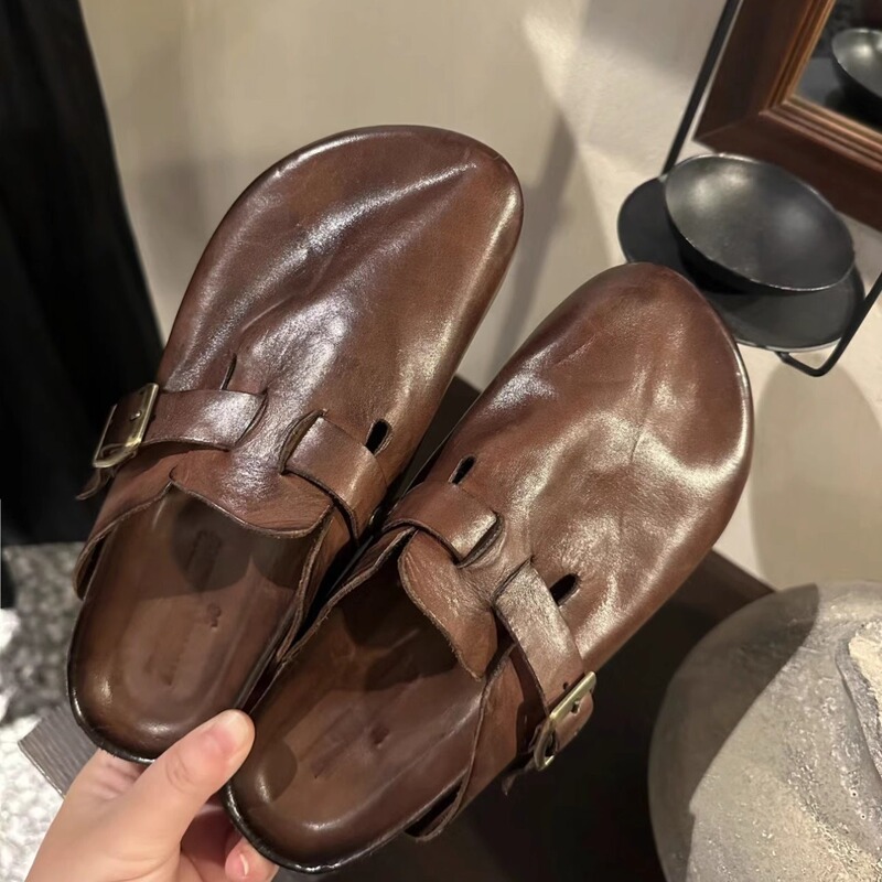 Vintage Versatile Casual Birkenstock-Style Closed-Toe Slip-On Shoes 2025 New Model Washed Horse Leather Closed-Toe Retro Slippers for Women